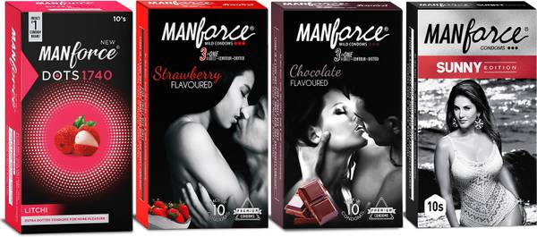MANFORCE Mankind Condoms Combo Pack (Strawberry, Chocolate, Litchi, Sunny Flavoured)- 10 Pieces (Pack of 4) Condom  (Set of 4, 40 Sheets)