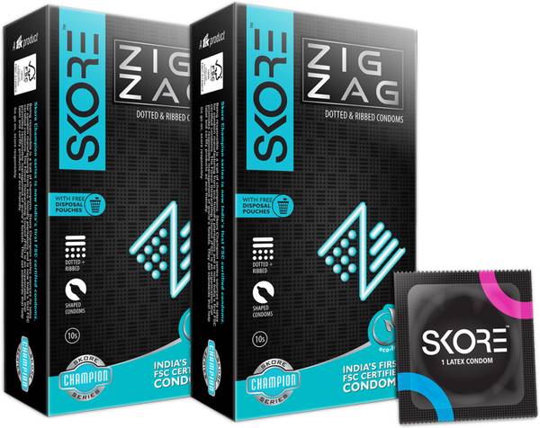 SKORE Zig Zag Pleasure , Thinnest, Dotted & Ribbed, Lubricant for Long Lasting Condom