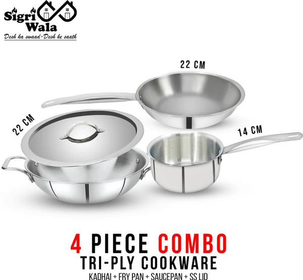 Sigri-wala TRIPLY 4 PCS COMBO SET KADAI 22cm,FRY PAN 22cm,SAUCE PAN 14cm,LID 22cm Induction Bottom Cookware Set
