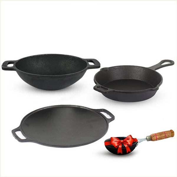 The Indus Valley Pre-Seasoned Cast Iron Double Handle Tawa, Skillet, Kadai & Iron Tadka Pan Combo Induction Bottom Cookware Set