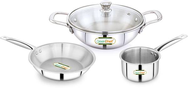 Greenchef Crest Triply Cookware combo(Kadhai glass lid 22CM, Sauce pan 14CM, Fry pan 22CM) Induction Bottom Cookware Set