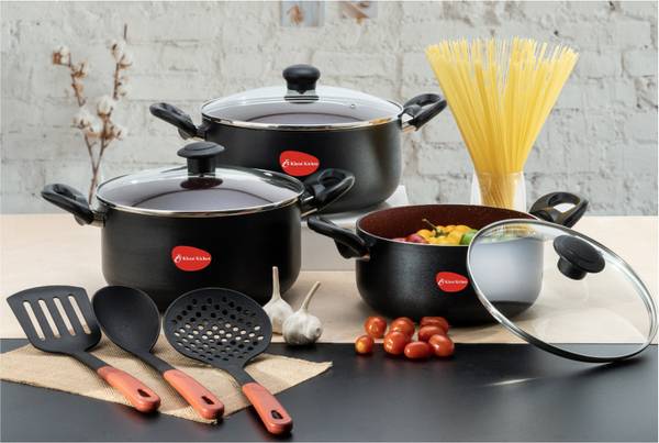 Klassi Kichen Non Stick Biryani Pot Set Of 3 Pc With Glass Lid . Non-Stick Coated Cookware Set