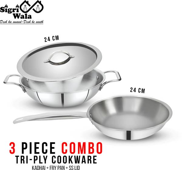 Sigri-wala Cook Healthy Triply 3 PCS Combo Kadai 24cm, Fry Pan 24cm,LID 24cm Induction Bottom Cookware Set