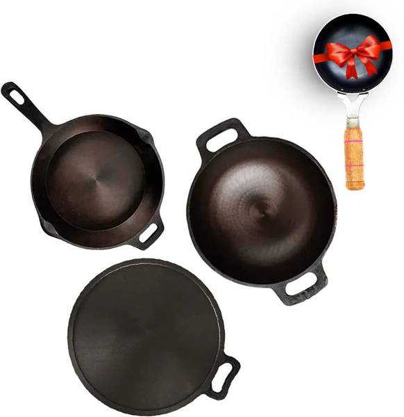 The Indus Valley Pre-seasoned Super Smooth Cast Iron Kadai, Tawa, Skillet & Iron Tadka Pan Combo Induction Bottom Cookware Set