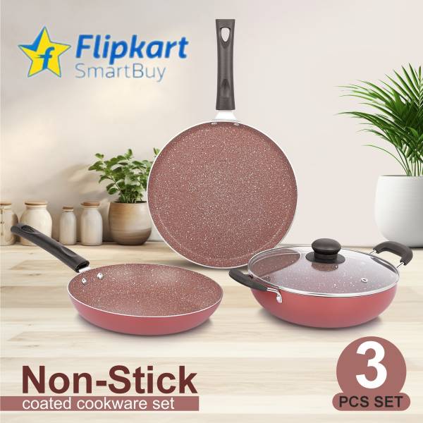 Flipkart SmartBuy Royal Brown Elegant Fry Pan, Dosa Tawa & Kadhai/Kadai With Glass Lid Induction Bottom Non-Stick Coated Cookware Set