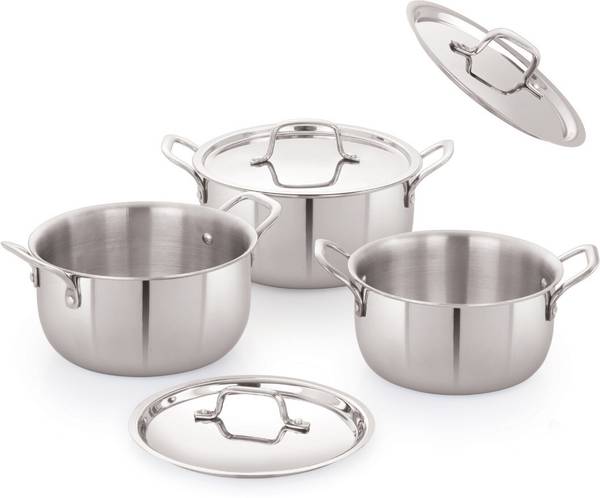 iVBOX Platina-Pro Triply Steel 3Pcs Casserole Pot Kadhai Pan 3.2L , 4.4L & 5.4L Induction Bottom Cookware Set