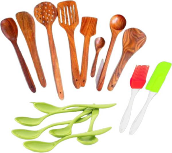 Elipkart SmartBuy Wooden Kitchen Utensils Spoons With Table Spoon And Oil Brush Combo Set of 16 Non-Stick Coated Cookware Set