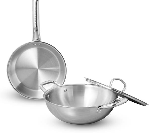 The Indus Valley Triply Stainless Steel Cookware Combo Set of 2 | Kadai & Fry Pan Induction Bottom Cookware Set