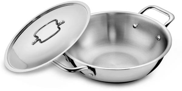 LIMETRO STEEL Triply 1.5 Liter Stainless Steel Kadai with Lid Kadhai 20 cm diameter with Lid 1.5 L capacity