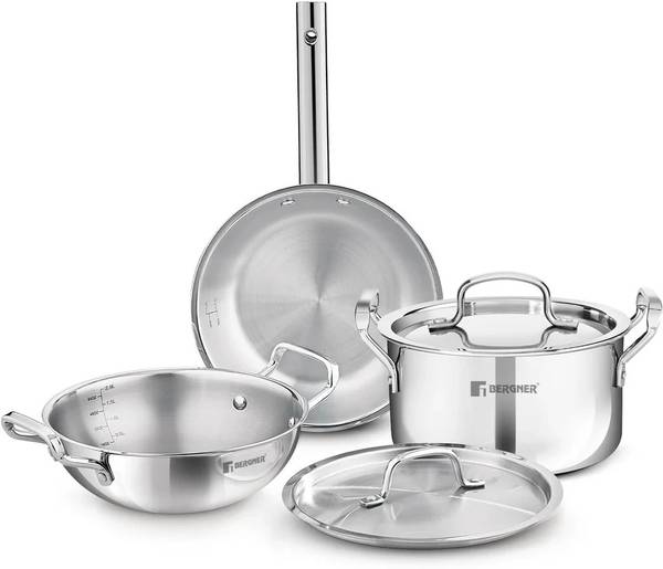 BERGNER TriPro Cookware Set of Kadai with Lid,Biryani Pot with Lid, Frypan Induction Bottom Cookware Set