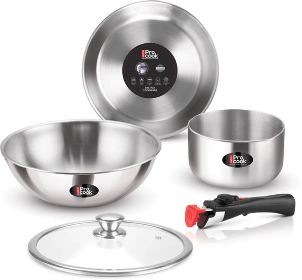 MILTON Pro Cook Tri-Ply Steel Cookware with Quick Grip Handle Tea & Fry Pan,Kadai, Lid Cookware Set