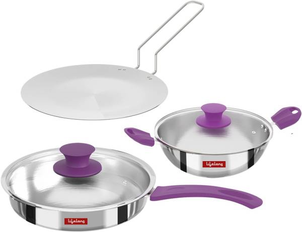 Lifelong LLTPC7 Triply Combo Kadhai (22 CM), Fry Pan (22 CM), Roti Tawa Induction Bottom Cookware Set