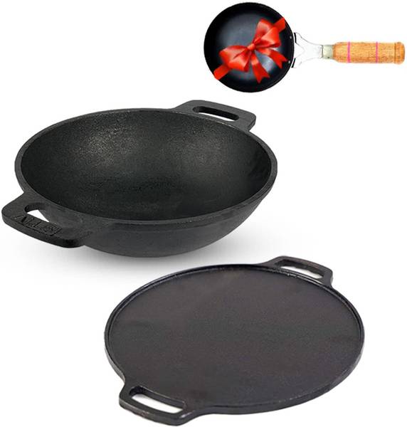 The Indus Valley Cast Iron Double Handle Tawa,Cast iron Kadai, Iron Tadka Pan Induction Bottom Cookware Set