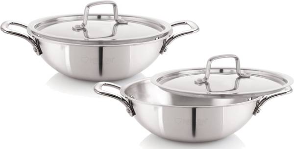 NIRLON Smart Triply Steel Cookware Kadai Set of 4 20cm-1.5L|26cm-3.5L|Steel Lid Induction Bottom Cookware Set