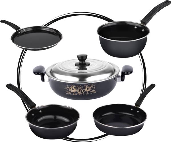 MY STORE Non-Stick Cookware Set (6 Pcs) Kadhai with Lid, Tawa, Frypan, Saucepan, Tadka - Induction Bottom Non-Stick Coated Cookware Set