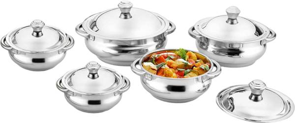 MY STORE FineDine Steel Handi Dinner Set with Lid - 5-Piece Silver Premium Serveware Cookware Set
