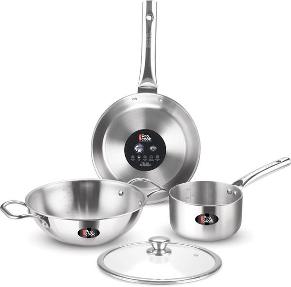 MILTON Procook Cookware Saucepan 16cm, Frypan 22cm,Kadai with Glass Lid 24cm, SS Handle Induction Bottom Non-Stick Coated Cookware Set