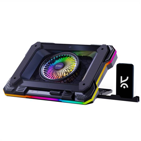 Kreo Arctik Laptop Cooler 140mm Turbo Fan, Adjustable RPM, 10 RGB Modes, Phone Holder 1 Fan Cooling Pad