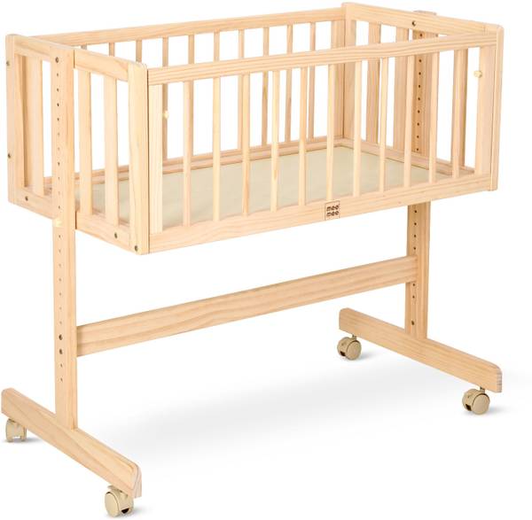 MeeMee Wooden Baby Cot with Mosquito Net, Lockable Swing & Wheels for 1.5 Years Baby Cot