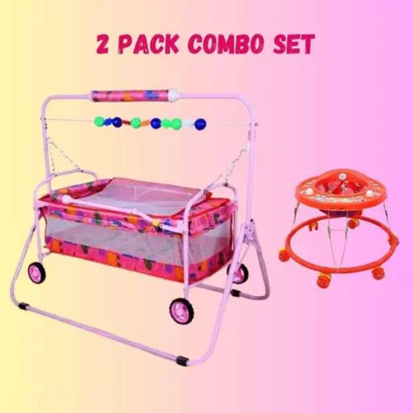 Akayu And Rk New Born Baby Red And Pink Combo Set Bassinet & Choo Choo Baby Jhula Walker Set Bassinet