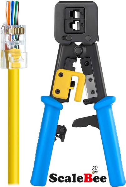 SCALEBEE Crimp Tool for Pass Through Connector End,Crimp Electrical Cable,Heavy Duty Crimper for RJ11 & RJ45 Plugs,Professional Networking Cat5/5e,Cat...