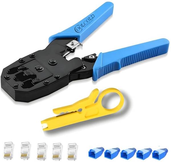 coolcold LAN Cable Crimper & Stripper Set  RJ45/RJ11  Blue 3-in-1 RJ45 Crimp Tool Kit with Connectors  Blue Manual Crimper