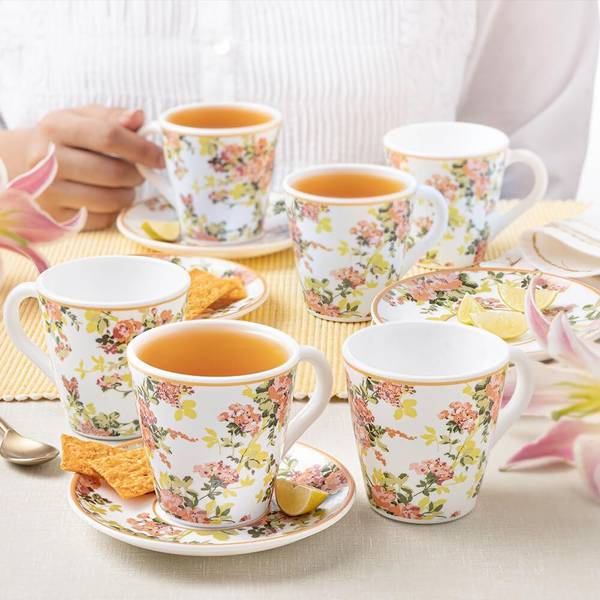 Larah by Borosil Pack of 12 Opalware Premia Series Amora 12pc 160ml Embossed Design Tea/Coffee Mug & Saucer Set