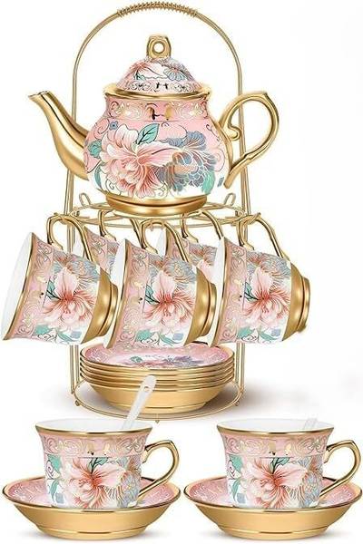 DEEPTECH EXPERTISE Ceramic Tea Set | Floral Design | 6 Cups, 6 Saucers, 1 Kettle with Stand |
