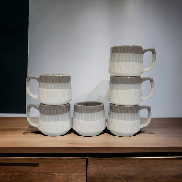 Boncel Pack of 6 Ceramic Grey & White Tea/Coffee Cup Set - 150 ML Each