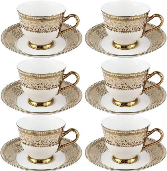 PKMSHO Pack of 12 Bone China Golden Lined Design Tea/Coffe Cup Set with Golden Printed ( White, 160)