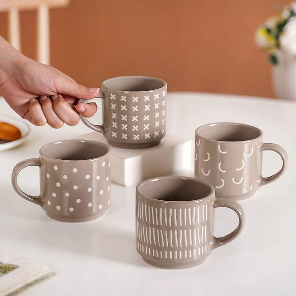 Nestasia Ceramic Quirky Beige Stackable Cups Set Of 4