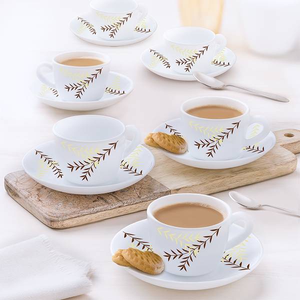 Larah by Borosil Pack of 12 Opalware Oak 90 ml Opalware Cup and Saucer Set