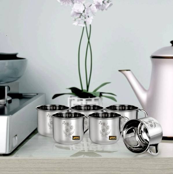 YM Stainless Steel Pack of 6 Stainless Steel Premium Single Wall Tea & Coffee Cup 150ml
