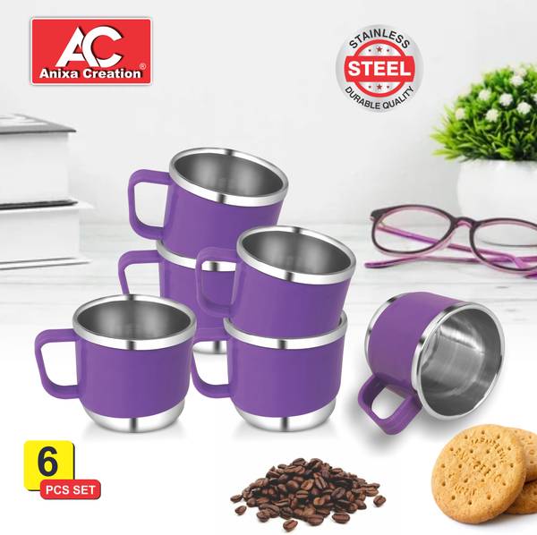 Anixa Creation Pack of 6 Stainless Steel, Plastic Tea cups | Stainless Steel tea cup set of 6 | Outer Plastic | Coffee Mug