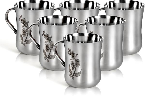 Q4S Pack of 6 Stainless Steel Floral Design Print Coffee and Tea Cup