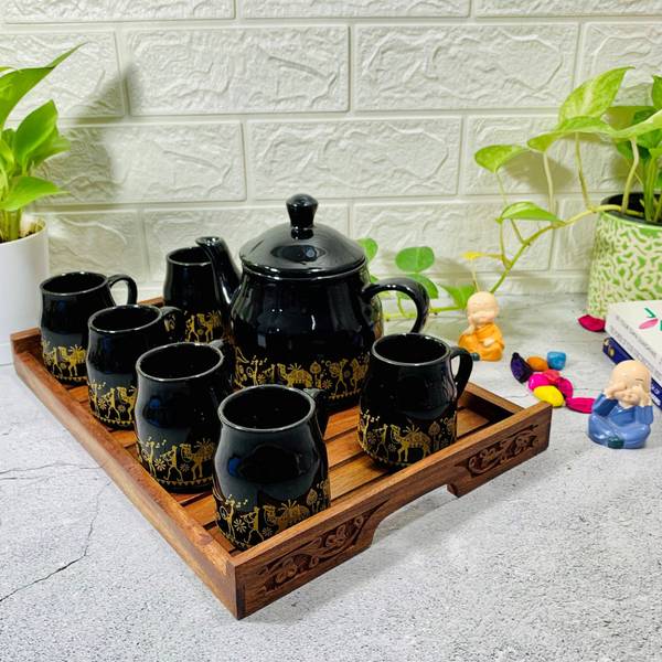 HomeFrills Pack of 7 Ceramic, Wooden Premium Tea Kettle Set with 6 Cups(150ml), 1 Kettle(600ml) & 1 Wooden Tray