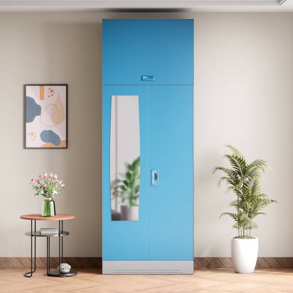 Godrej Interio Slimline 2 Door with 4 shelves, Overhead Unit and Mirror Metal Almirah