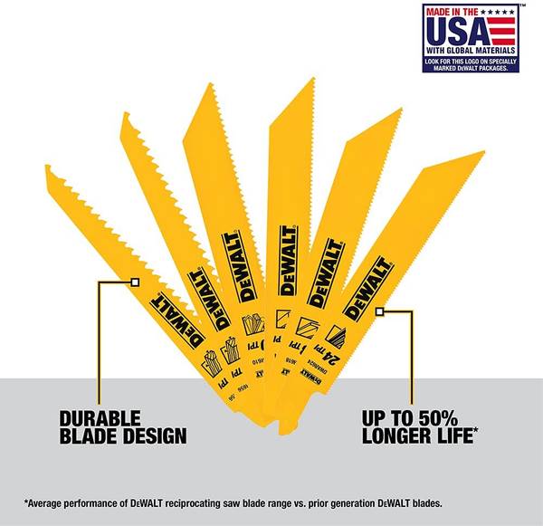 DEWALT DW4856 6pc Metal/Woodcutting Reciprocating Saw Blade Set, Metallic Wood Cutter