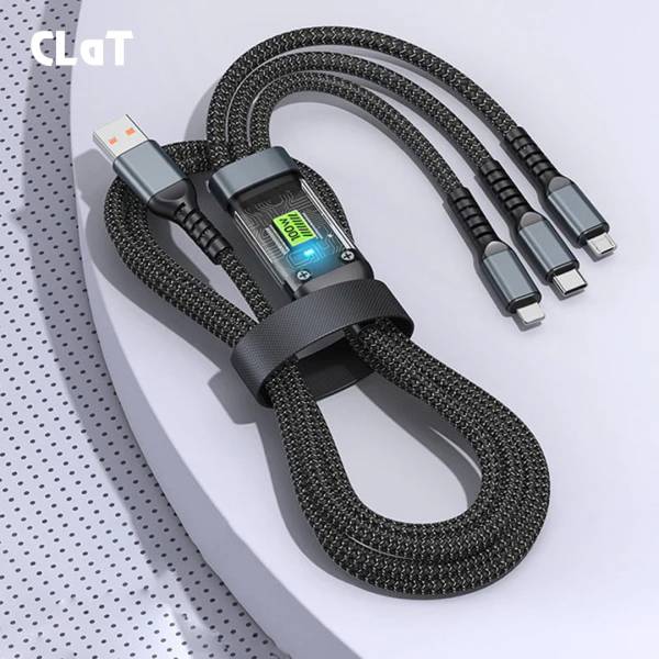 CLAT 3-in-1 Cable 1 m Multi Charging Cable USB 100W USB C Fast Charger Cable with LED Display Nylon Braided Cord 3-in-1 USB to Type C/Micro/Lightning ...