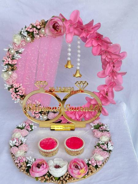 Mridang Engagement Ring platter with Customize name beautiful Floral work Wood Decorative Platter