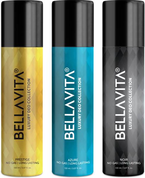 Bellavita Noir,Azure & Prestige Deo Parfum Combo|3x150ml|Long lasting Body spray| Deodorant Spray - For Men & Women