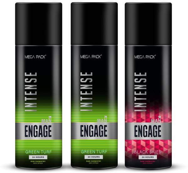 Engage Intense Deo Combo, 1 Black Skies (220ml) & 2 Green Turf (220ml) Deodorant Spray - For Men