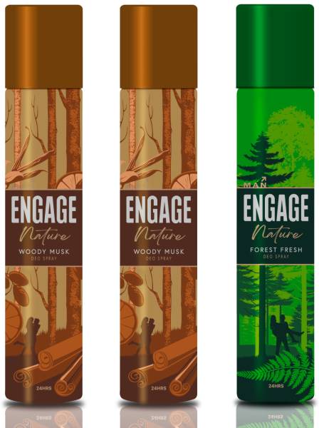 Engage Deo Spray, Woody Musk (Pack of 2) & Forest Fresh (Pack of 1) Fragrance Scent Deodorant Spray - For Men