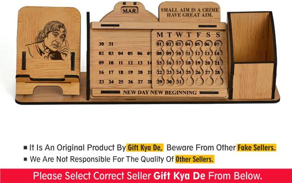 GIFT KYA DE 1 Compartments Wooden Desk Calender to Lifetime Infinite Perpetual Calendar 2024 / Mini Slide with Mobile Stand / Pen Holder (APJ Abdul Ka...