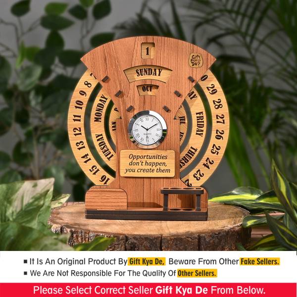 GIFT KYA DE 2 Compartments Wooden Desk Calendar Table Calendar to Lifetime Infinite Calendar Desk Organizer and Clock for Office, Home, Corporate Gift...