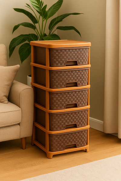 RANGILA 5 Layer Brown Foldable Cabinet Plastic Cupboard Storage Plastic Modular Drawer Plastic Free Standing Chest of Drawers