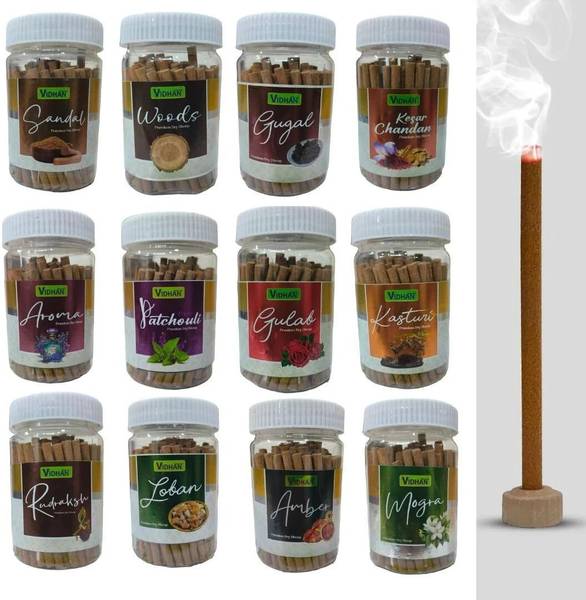 vidhan Dhoop Sticks Premium Jar 12 x100Gm | No Bamboo | No Charcoal (12 Flavours) Musk, Floral, Jasmine, Rose, Tulsi, Sandal, Guggul, Frankincense, Wi...