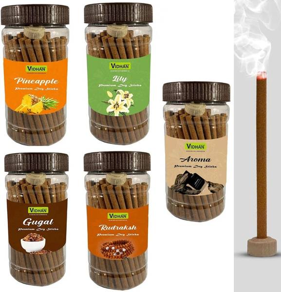 vidhan Pooja Dhoop Sticks COMBO Premium Jar 100Gm x5 ( 500 gram| No Bamboo |No Charcoal Lily, Fruit, Guggul, Blossom, Floral Dhoop