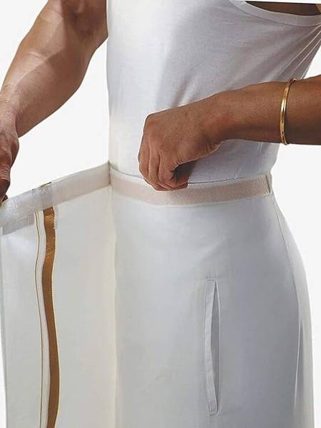 ZAAN FASHION 28 to 44 Inches Velcro White Cotton Pocket Dhoti with Gold Jari Border Solid Men Dhoti