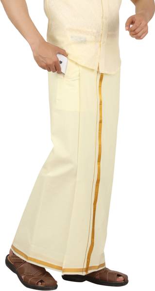 Prakasam Cotton Premium Quality Welcro Pocket ( sticker Dhoti) Jari Cotton Cream Solid Men Dhoti